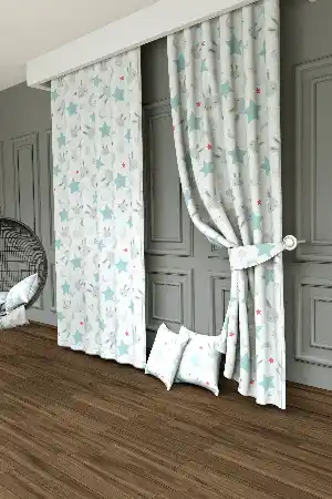 Dökümlü Kumaştan Tavşan Ve Yıldız Desenli Baskılı Fon Perde - 1. Kalite Yumuşak Dökümlü Kumaş - Su Yeşili