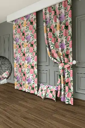 Dökümlü Kumaştan Çiçek Gül Desenli Baskılı Fon Perde - 1. Kalite Yumuşak Dökümlü Kumaş