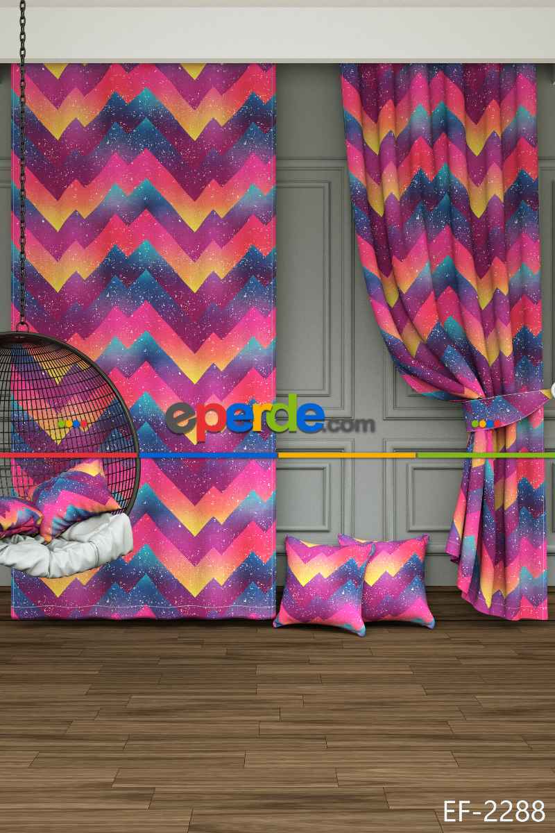Dökümlü Kumaştan Kız Çocuk Ve Genç Odası Zikzak Desenli Baskılı Fon Perde - 1. Kalite Yumuşak Dökümlü Kumaş
