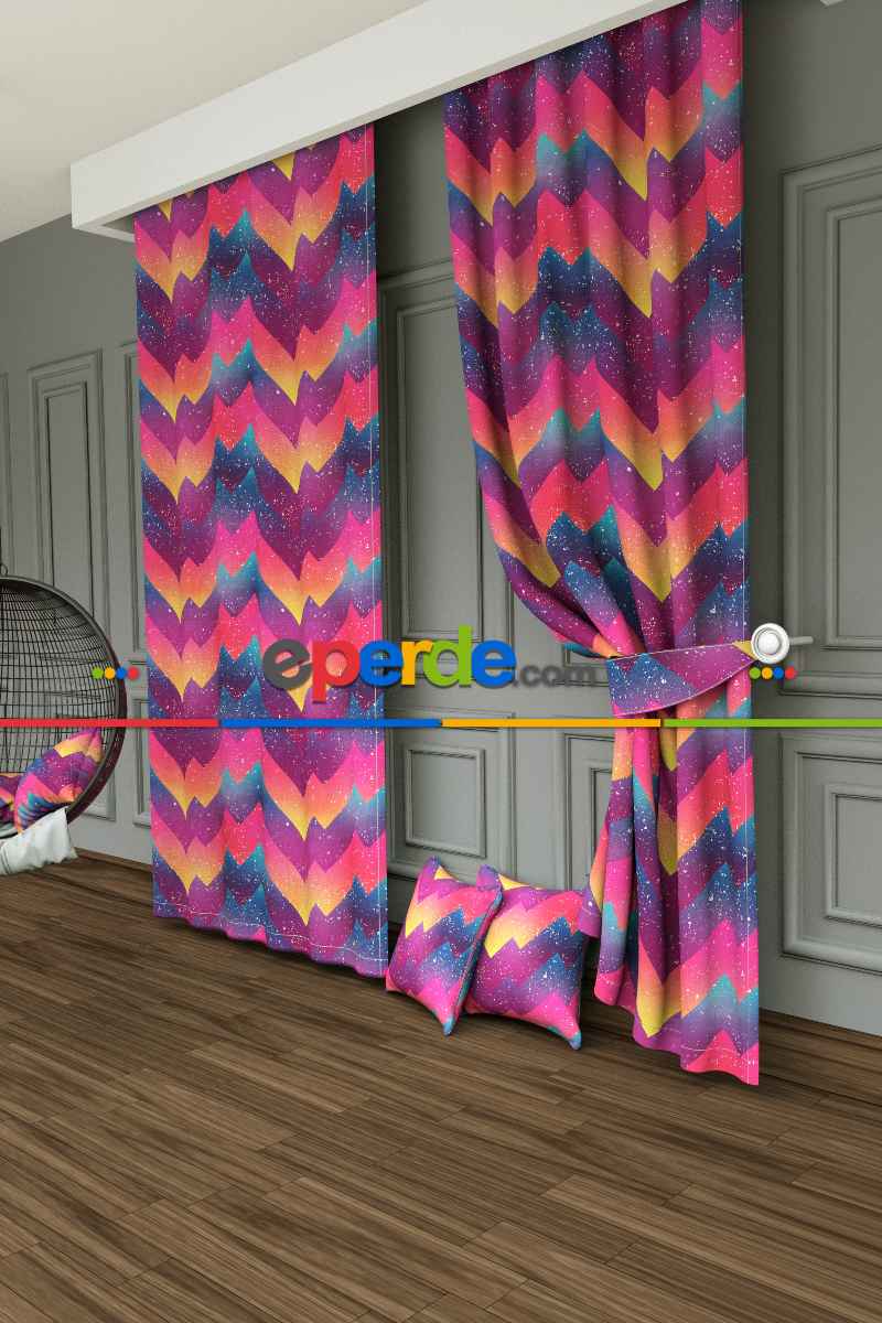 Dökümlü Kumaştan Kız Çocuk Ve Genç Odası Zikzak Desenli Baskılı Fon Perde - 1. Kalite Yumuşak Dökümlü Kumaş