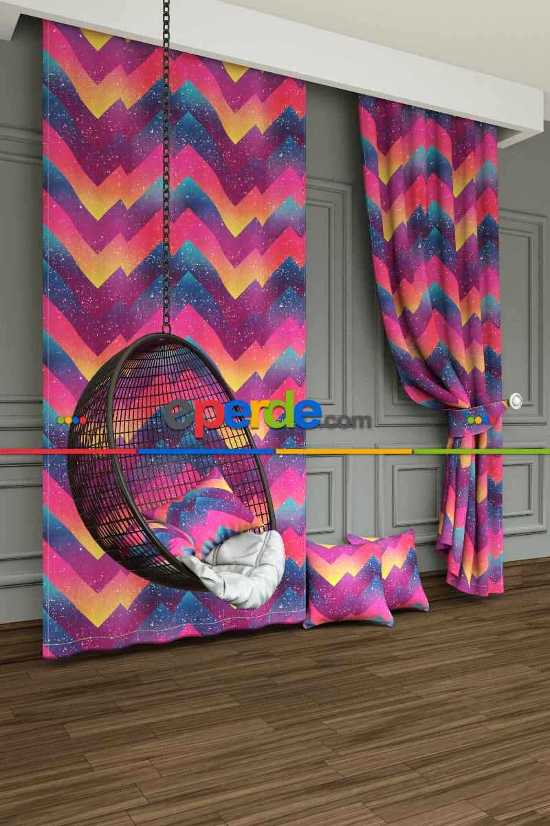Dökümlü Kumaştan Kız Çocuk Ve Genç Odası Zikzak Desenli Baskılı Fon Perde - 1. Kalite Yumuşak Dökümlü Kumaş
