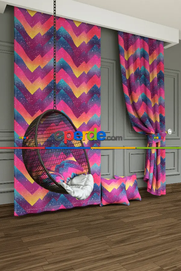 Dökümlü Kumaştan Kız Çocuk Ve Genç Odası Zikzak Desenli Baskılı Fon Perde - 1. Kalite Yumuşak Dökümlü Kumaş