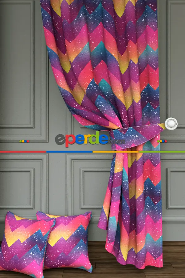 Dökümlü Kumaştan Kız Çocuk Ve Genç Odası Zikzak Desenli Baskılı Fon Perde - 1. Kalite Yumuşak Dökümlü Kumaş