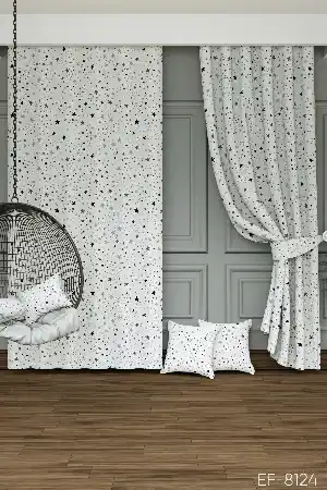 Gri Yıldız Desenli Baskılı Fon Perde Geniş En 1. Kalite