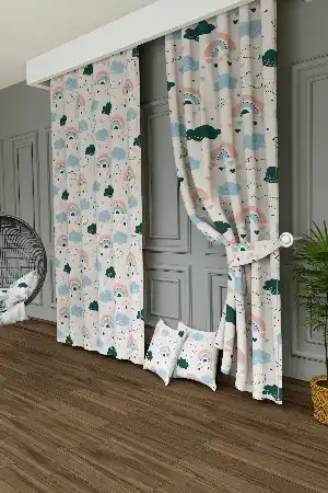 Bebek Odası - Dökümlü Kumaştan Mavi Pembe Gökkuşağı ve Bulut Desenli Baskılı Fon Perde Geniş En 1. Kalite