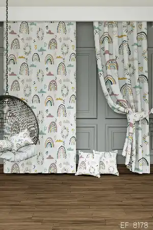 Pudra Mint Gökkuşağı Kalp Desenli Baskılı Fon Perde Geniş En 1. Kalite