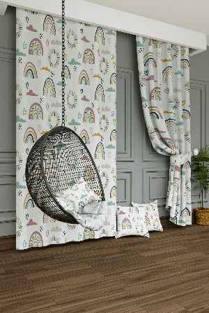 Pudra Mint Gökkuşağı Kalp Desenli Baskılı Fon Perde Geniş En 1. Kalite