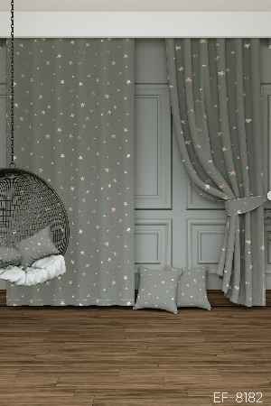 Dökümlü Kumaştan Yeşilimsi Gri Yıldız Desenli Baskılı Fon Perde Geniş En 1. Kalite