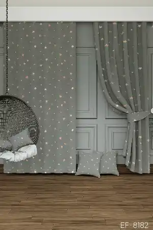 Dökümlü Kumaştan Yeşilimsi Gri Yıldız Desenli Baskılı Fon Perde Geniş En 1. Kalite
