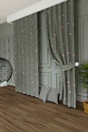 Dökümlü Kumaştan Yeşilimsi Gri Yıldız Desenli Baskılı Fon Perde Geniş En 1. Kalite