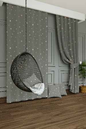 Dökümlü Kumaştan Yeşilimsi Gri Yıldız Desenli Baskılı Fon Perde Geniş En 1. Kalite