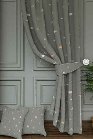 Dökümlü Kumaştan Yeşilimsi Gri Yıldız Desenli Baskılı Fon Perde Geniş En 1. Kalite