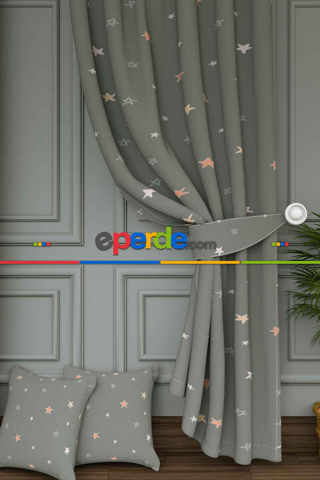 Dökümlü Kumaştan Yeşilimsi Gri Yıldız Desenli Baskılı Fon Perde Geniş En 1. Kalite