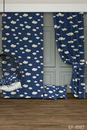 Dökümlü Kumaştan Açık Lacivert Bulut ve Yıldız Desenli Baskılı Fon Perde Geniş En 1. Kalite