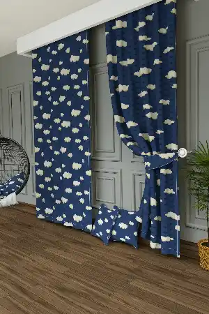 Dökümlü Kumaştan Açık Lacivert Bulut ve Yıldız Desenli Baskılı Fon Perde Geniş En 1. Kalite
