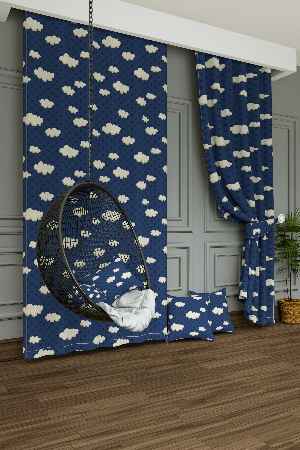 Dökümlü Kumaştan Açık Lacivert Bulut ve Yıldız Desenli Baskılı Fon Perde Geniş En 1. Kalite