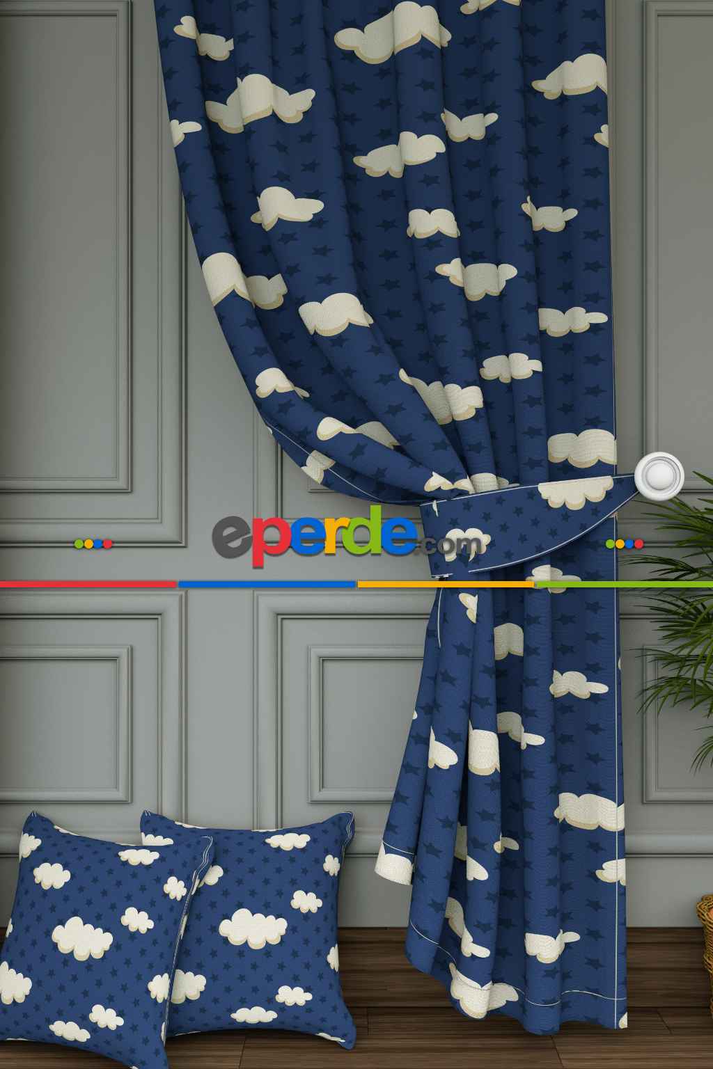 Dökümlü Kumaştan Açık Lacivert Bulut ve Yıldız Desenli Baskılı Fon Perde Geniş En 1. Kalite