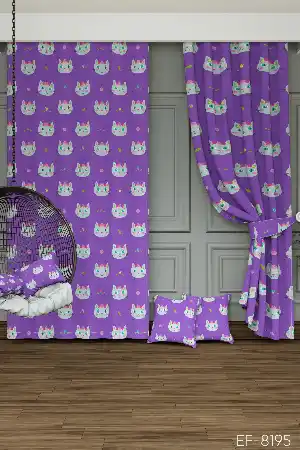 Dökümlü Kumaştan Mor Sevimli Hayvanlar Kedi Desenli Baskılı Fon Perde Geniş En 1. Kalite