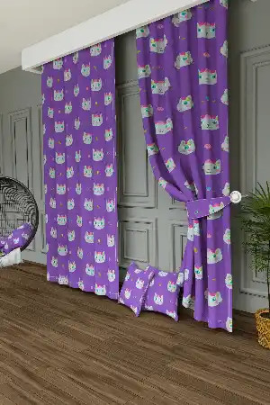 Dökümlü Kumaştan Mor Sevimli Hayvanlar Kedi Desenli Baskılı Fon Perde Geniş En 1. Kalite