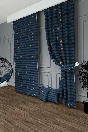 Dökümlü Kumaştan Genç Odası - Lacivert Çizgili Yıldız Desenli Baskılı Fon Perde Geniş En 1. Kalite