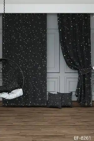 Dökümlü Kumaştan Koyu Füme Yıldız Desenli Baskılı Fon Perde Geniş En 1. Kalite