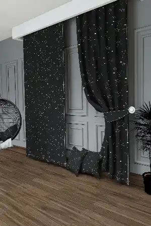 Dökümlü Kumaştan Koyu Füme Yıldız Desenli Baskılı Fon Perde Geniş En 1. Kalite