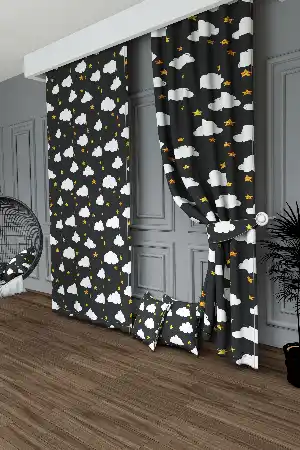 Dökümlü Kumaştan Koyu Gri Bulut ve Yıldız Desenli Baskılı Fon Perde Geniş En 1. Kalite