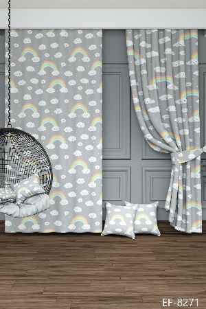 Dökümlü Kumaştan Açık Gri Gökkuşağı Ve Bulut Desenli Baskılı Fon Perde Geniş En 1. Kalite