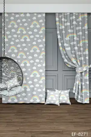 Dökümlü Kumaştan Açık Gri Gökkuşağı Ve Bulut Desenli Baskılı Fon Perde Geniş En 1. Kalite