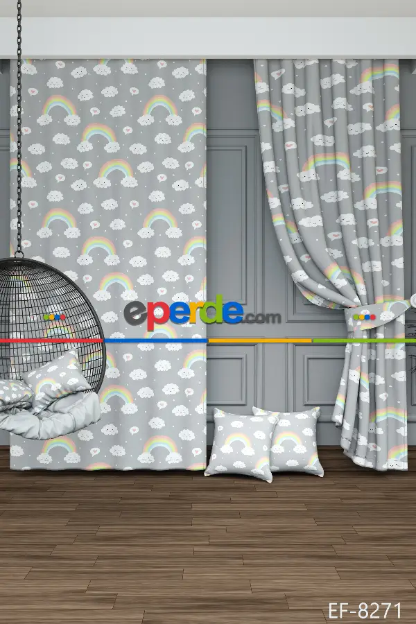 Dökümlü Kumaştan Açık Gri Gökkuşağı Ve Bulut Desenli Baskılı Fon Perde Geniş En 1. Kalite