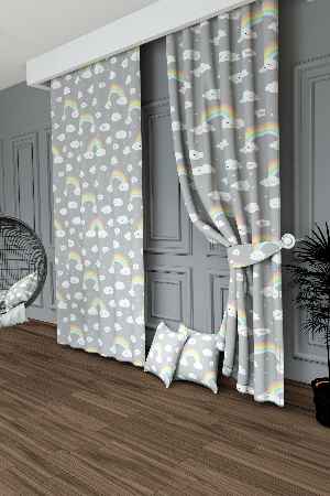 Dökümlü Kumaştan Açık Gri Gökkuşağı Ve Bulut Desenli Baskılı Fon Perde Geniş En 1. Kalite