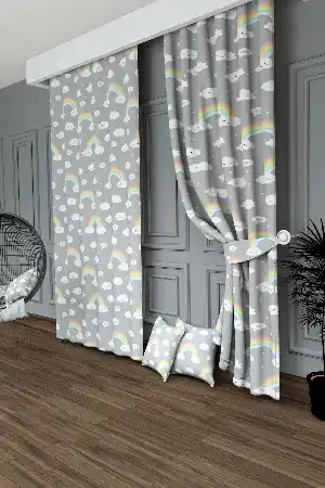 Dökümlü Kumaştan Açık Gri Gökkuşağı Ve Bulut Desenli Baskılı Fon Perde Geniş En 1. Kalite