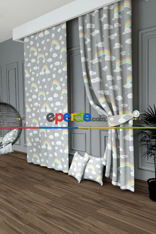 Dökümlü Kumaştan Açık Gri Gökkuşağı Ve Bulut Desenli Baskılı Fon Perde Geniş En 1. Kalite