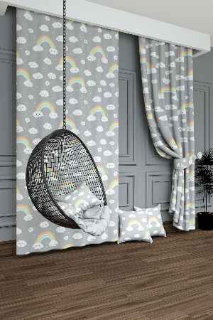 Dökümlü Kumaştan Açık Gri Gökkuşağı Ve Bulut Desenli Baskılı Fon Perde Geniş En 1. Kalite