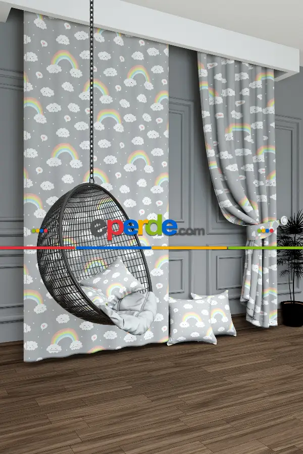 Dökümlü Kumaştan Açık Gri Gökkuşağı Ve Bulut Desenli Baskılı Fon Perde Geniş En 1. Kalite