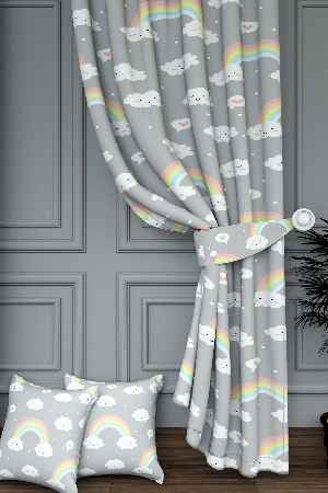 Dökümlü Kumaştan Açık Gri Gökkuşağı Ve Bulut Desenli Baskılı Fon Perde Geniş En 1. Kalite