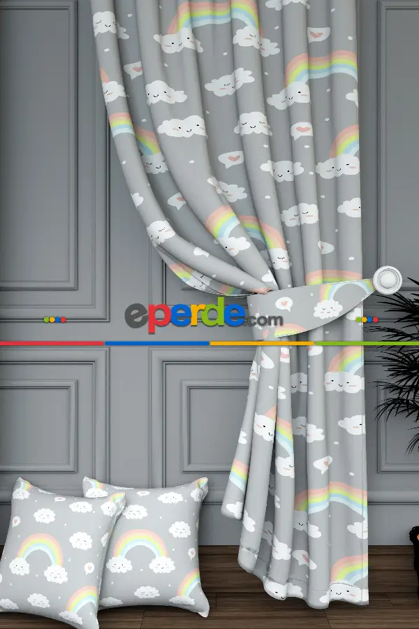 Dökümlü Kumaştan Açık Gri Gökkuşağı Ve Bulut Desenli Baskılı Fon Perde Geniş En 1. Kalite