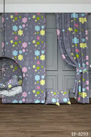 Dökümlü Kumaştan Soğuk Lila Bulut ve Yıldız Desenli Baskılı Fon Perde Geniş En 1. Kalite