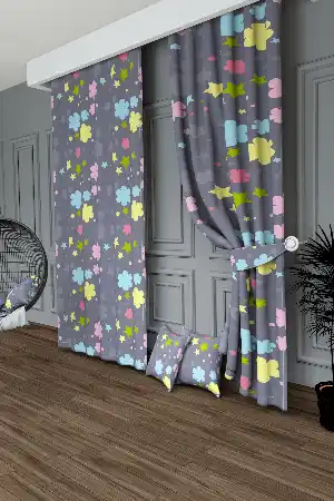 Dökümlü Kumaştan Soğuk Lila Bulut ve Yıldız Desenli Baskılı Fon Perde Geniş En 1. Kalite
