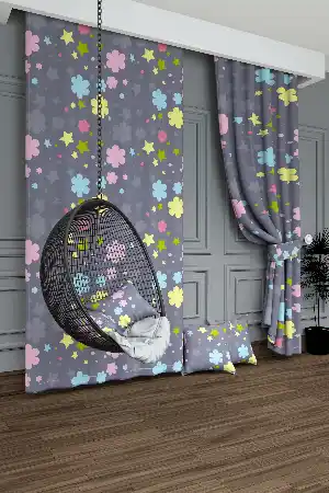 Dökümlü Kumaştan Soğuk Lila Bulut ve Yıldız Desenli Baskılı Fon Perde Geniş En 1. Kalite