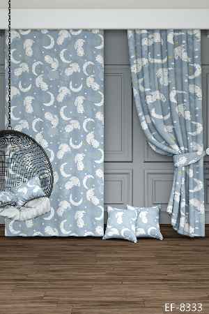 Dökümlü Kumaştan Mavi Sevimli Hayvanlar Ay Ve Yıldız Desenli Baskılı Fon Perde Geniş En 1. Kalite