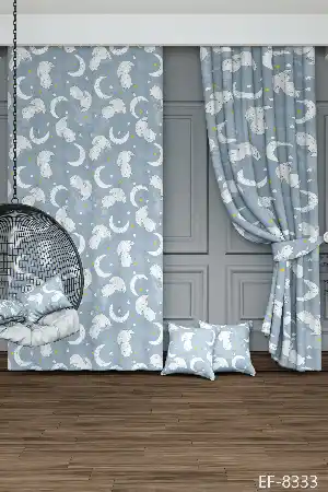 Dökümlü Kumaştan Mavi Sevimli Hayvanlar Ay Ve Yıldız Desenli Baskılı Fon Perde Geniş En 1. Kalite