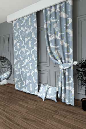 Dökümlü Kumaştan Mavi Sevimli Hayvanlar Ay Ve Yıldız Desenli Baskılı Fon Perde Geniş En 1. Kalite