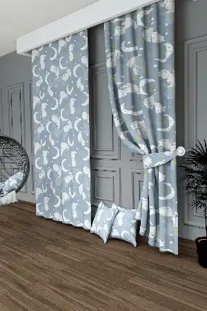 Dökümlü Kumaştan Mavi Sevimli Hayvanlar Ay Ve Yıldız Desenli Baskılı Fon Perde Geniş En 1. Kalite