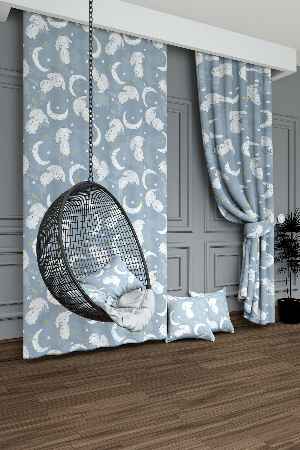 Dökümlü Kumaştan Mavi Sevimli Hayvanlar Ay Ve Yıldız Desenli Baskılı Fon Perde Geniş En 1. Kalite