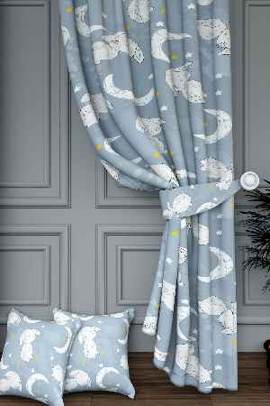 Dökümlü Kumaştan Mavi Sevimli Hayvanlar Ay Ve Yıldız Desenli Baskılı Fon Perde Geniş En 1. Kalite