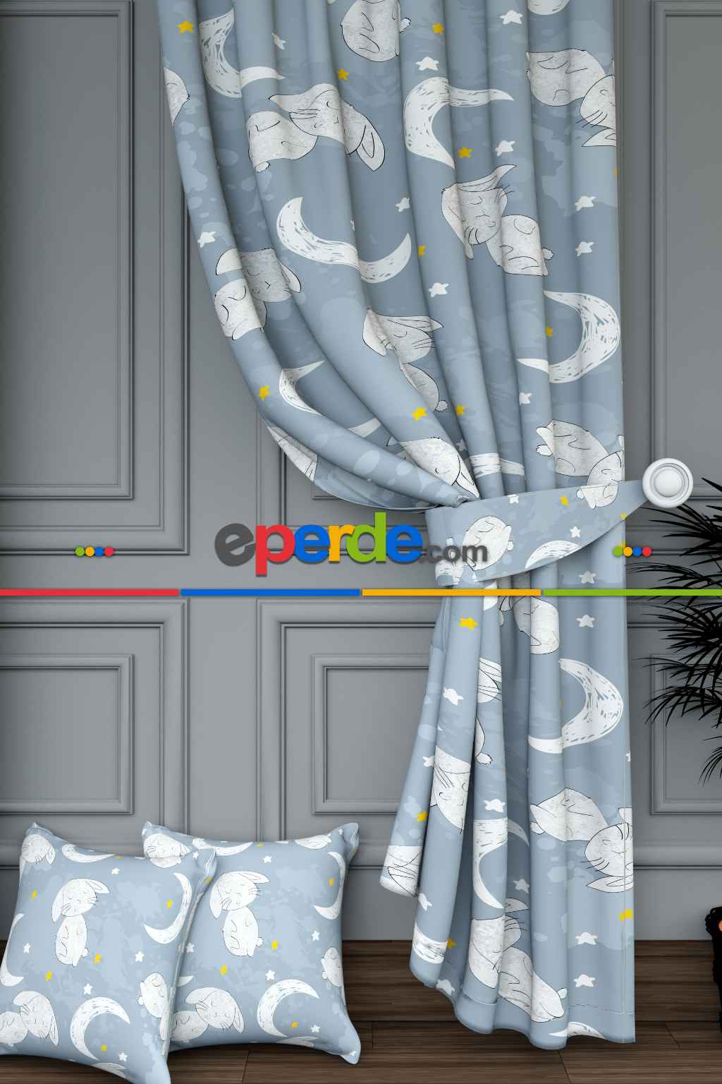 Dökümlü Kumaştan Mavi Sevimli Hayvanlar Ay Ve Yıldız Desenli Baskılı Fon Perde Geniş En 1. Kalite