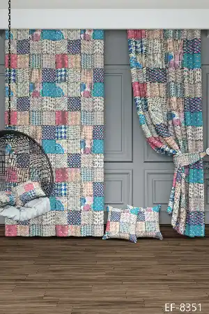 Dökümlü Kumaştan Turkuaz Pembe Patchwork Desenli Baskılı Fon Perde Geniş En 1. Kalite