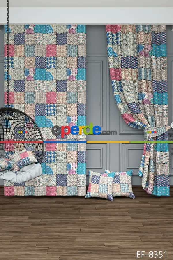 Dökümlü Kumaştan Turkuaz Pembe Patchwork Desenli Baskılı Fon Perde Geniş En 1. Kalite