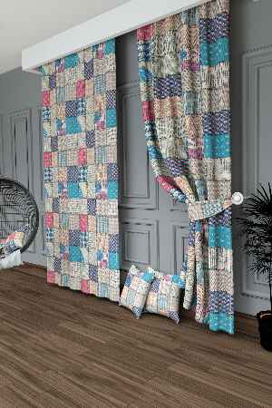 Dökümlü Kumaştan Turkuaz Pembe Patchwork Desenli Baskılı Fon Perde Geniş En 1. Kalite